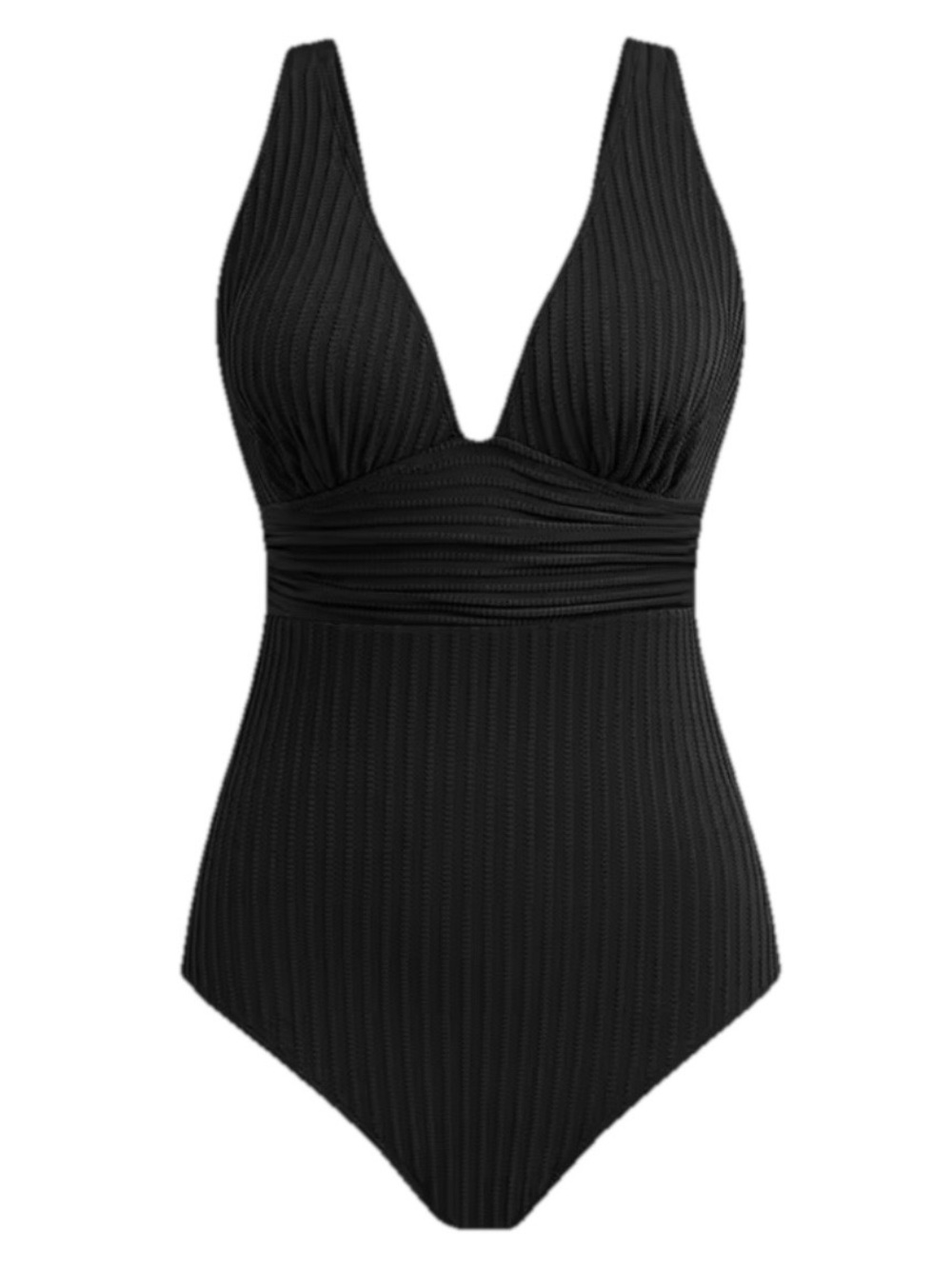 🔥 Black Ginger Ribbed & Ruched One-Piece Swimsuit Sexy Sculpting  Size Large